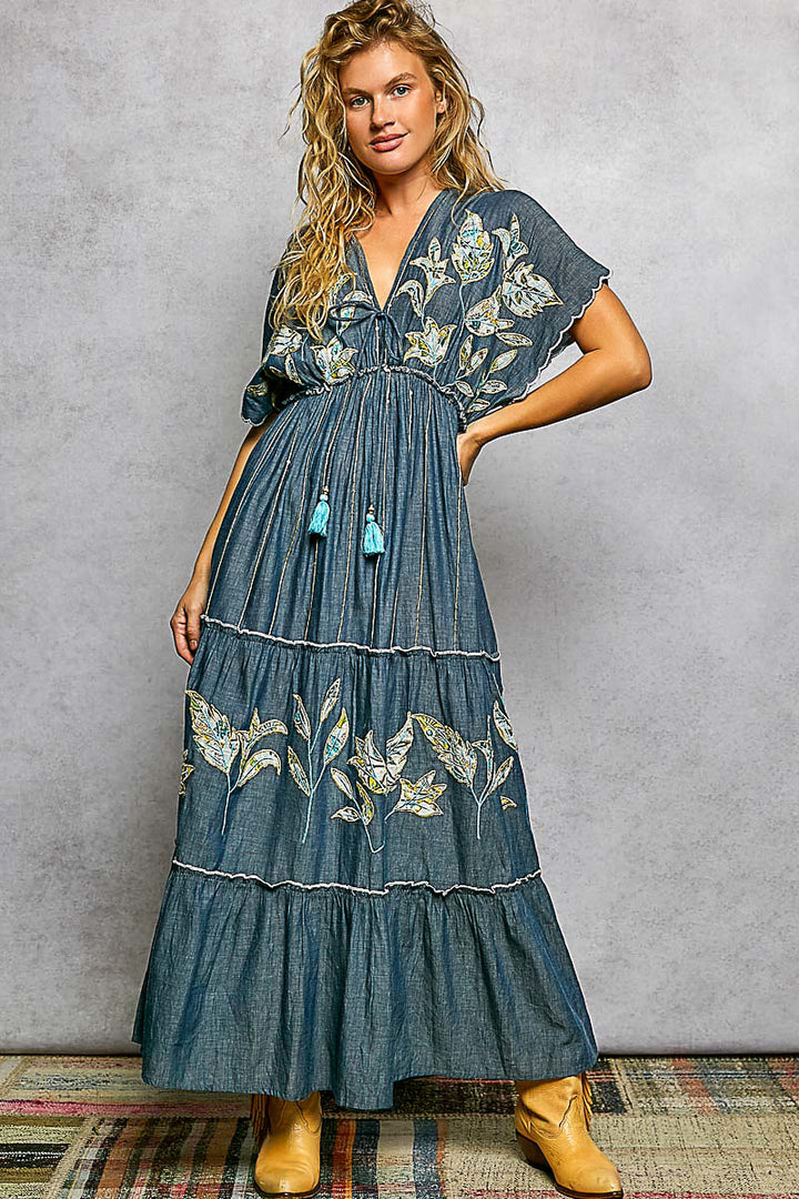 Pol Embroidered Cotton Denim Dress