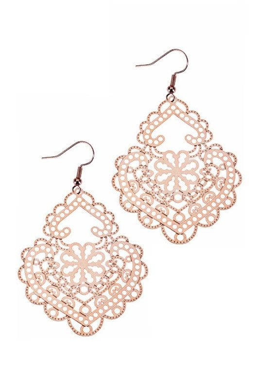 Rose Gold Metal Filigree Drop Earrings