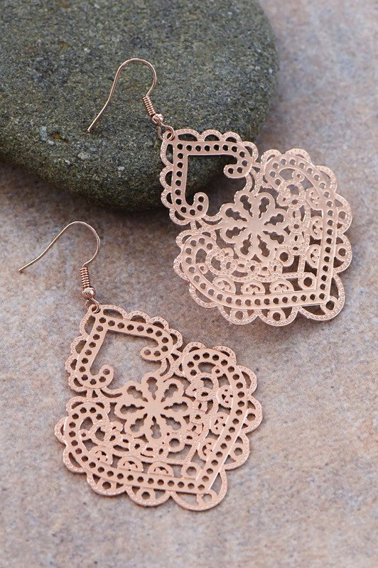 Rose Gold Metal Filigree Drop Earrings