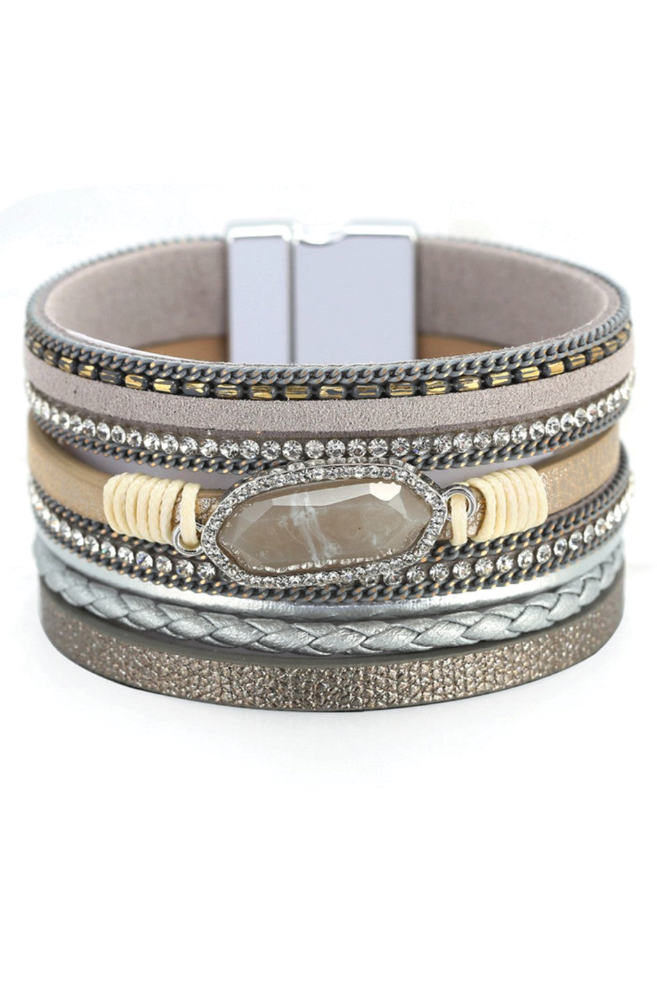 Multi Strand Gray Leather & Stone Bracelet