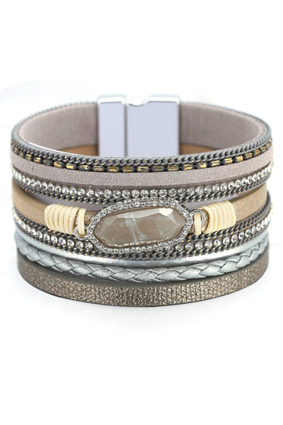 Multi Strand Gray Leather & Stone Bracelet