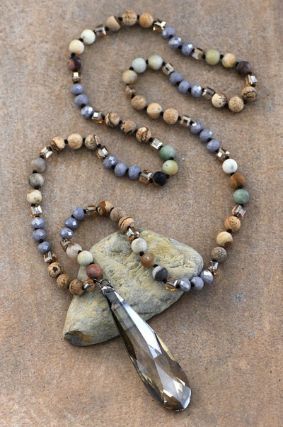 Natural Stone Bead Necklace with Crystal Pendant