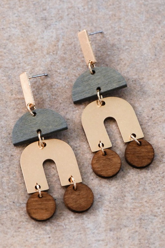 Wooden Drop Earrings with Gold Accent