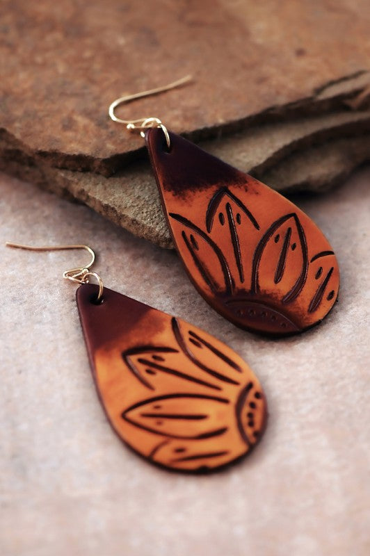 Boho Floral Embossed Leather Earrings