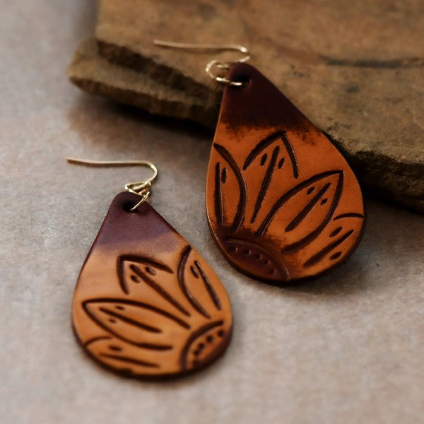 Boho Floral Embossed Leather Earrings