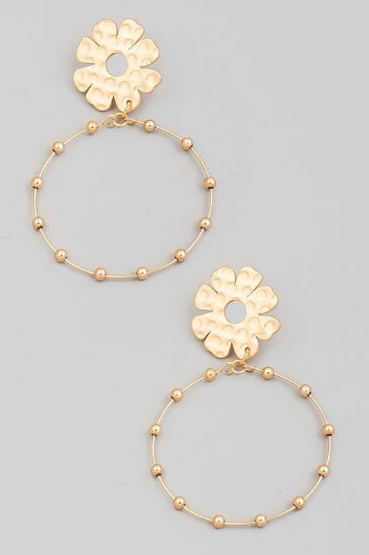 Metallic Floral Stud Hoop Drop Earrings