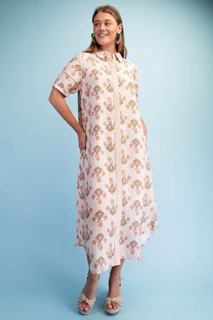 Garden Stroll Striped Floral Maxi Shirt Dress