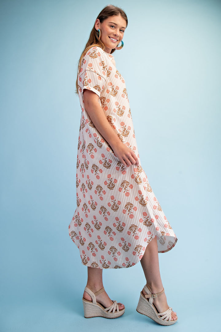 Garden Stroll Striped Floral Maxi Shirt Dress