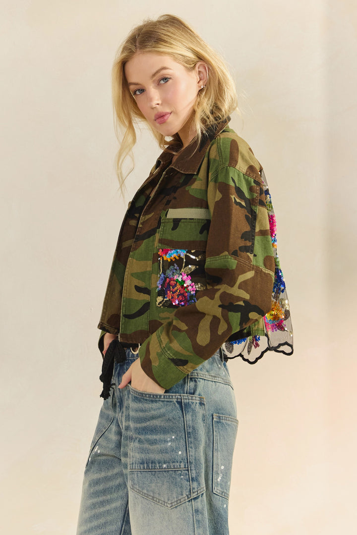 Camo Sequins Contrast Jacket