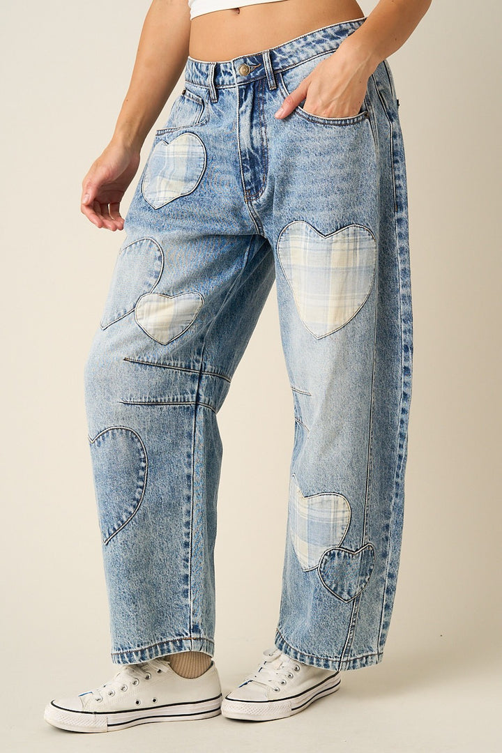 Sweetheart Plaid Patch Barrel Jeans