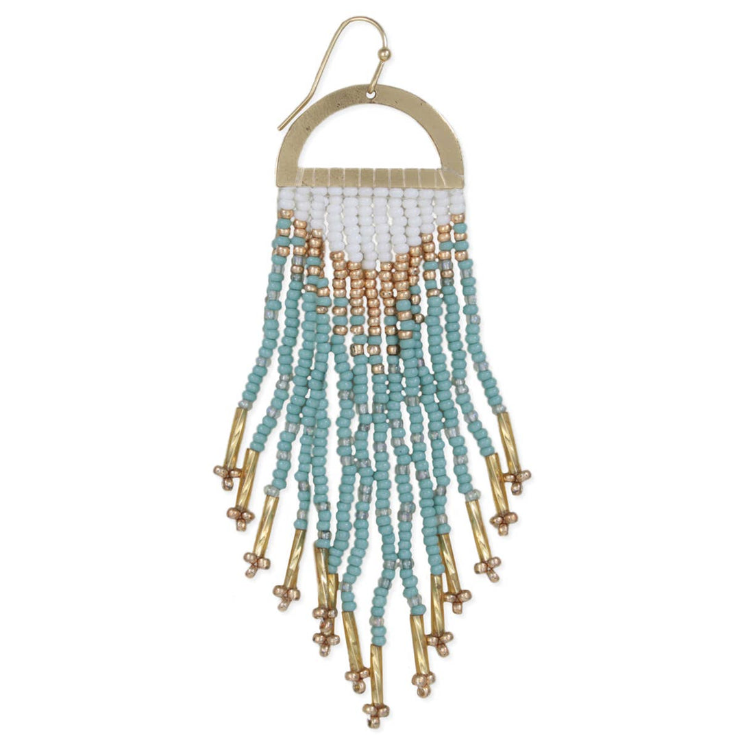 Gold Mint Beaded Fringe Half Circle Earrings