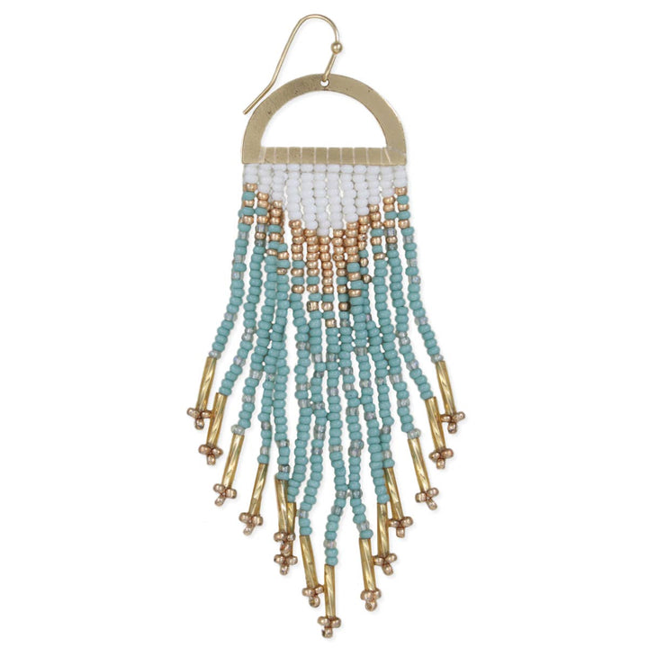 Gold Mint Beaded Fringe Half Circle Earrings
