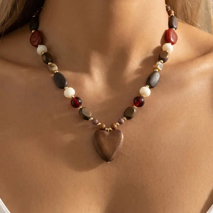 Wood Bead Heart Pendant Necklace