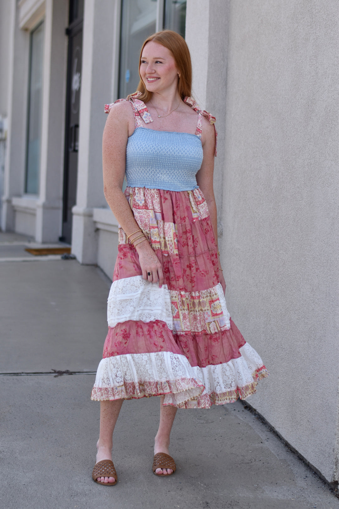 Patchwork Charm Denim Midi Dress Small