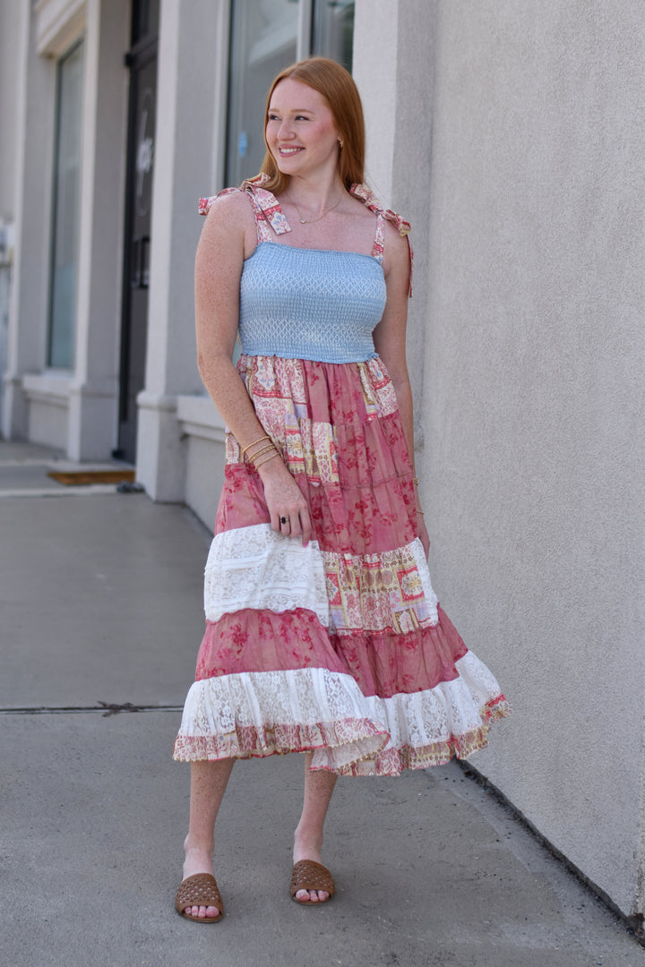 Patchwork Charm Denim Midi Dress