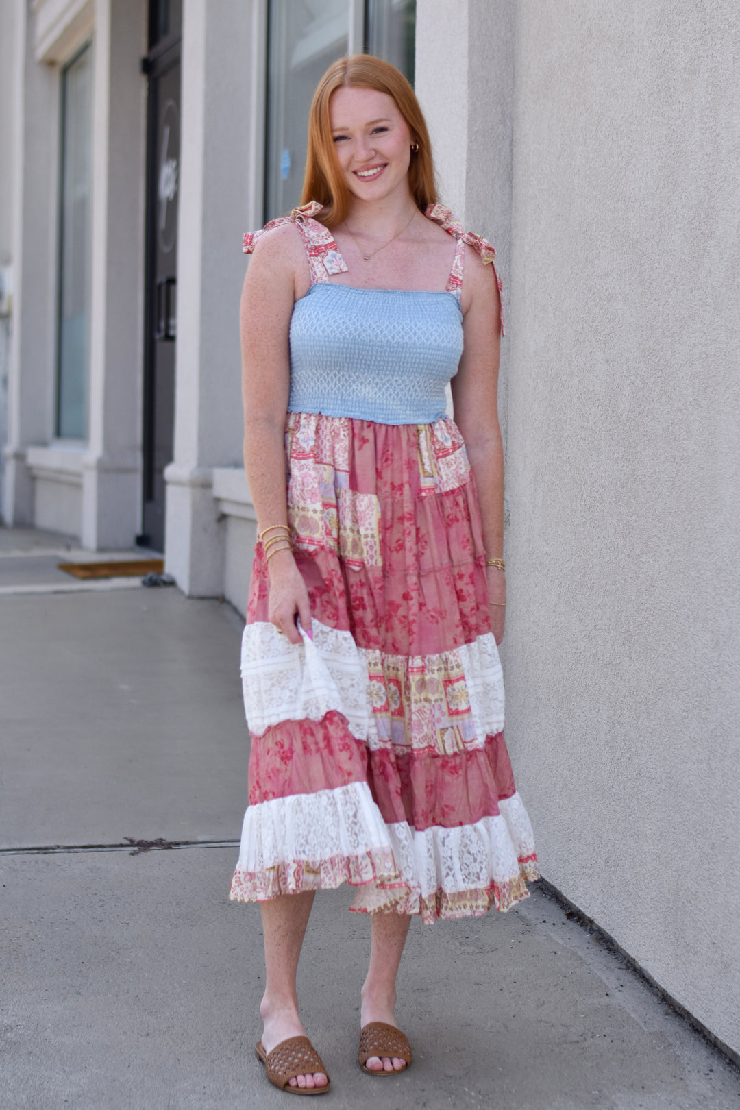 Patchwork Charm Denim Midi Dress – Blue Hydrangea Boutique