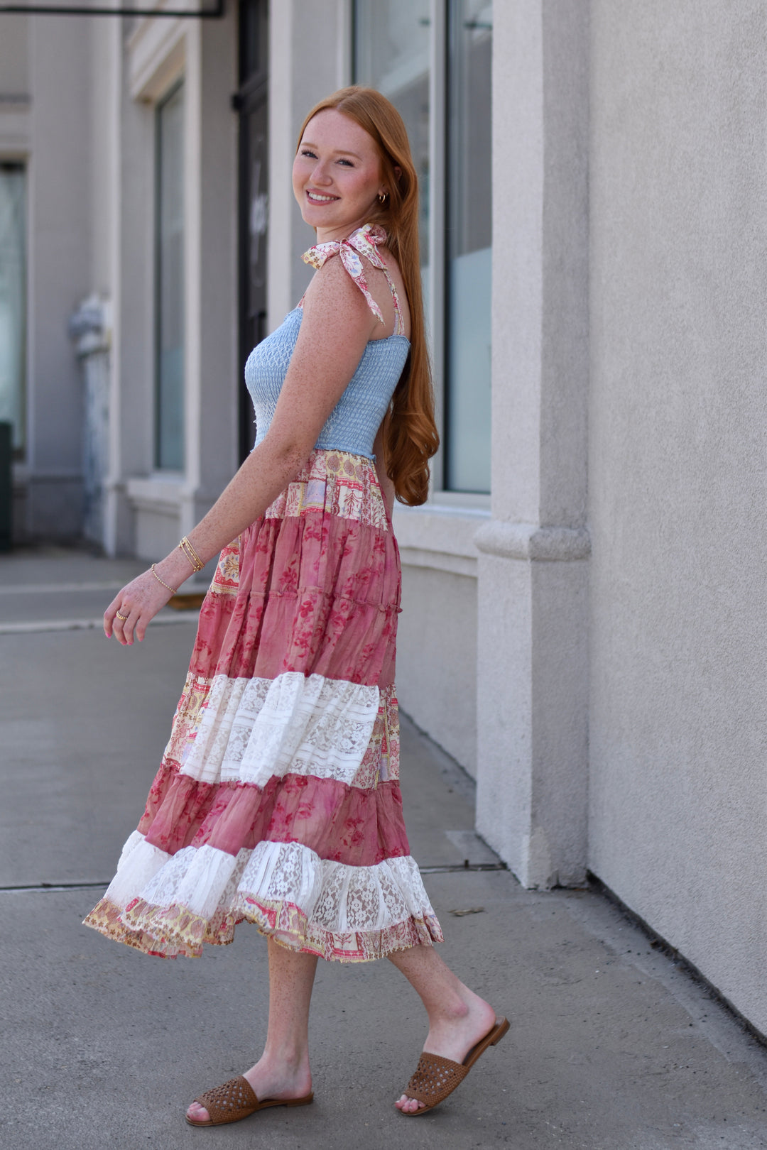 Patchwork Charm Denim Midi Dress