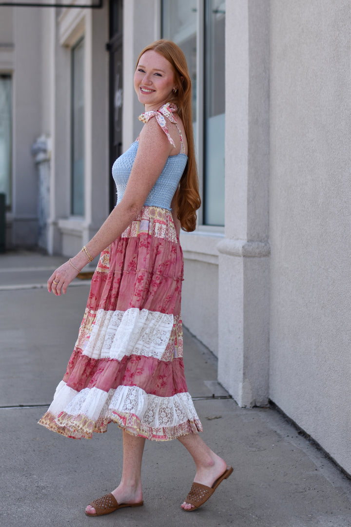 Patchwork Charm Denim Midi Dress