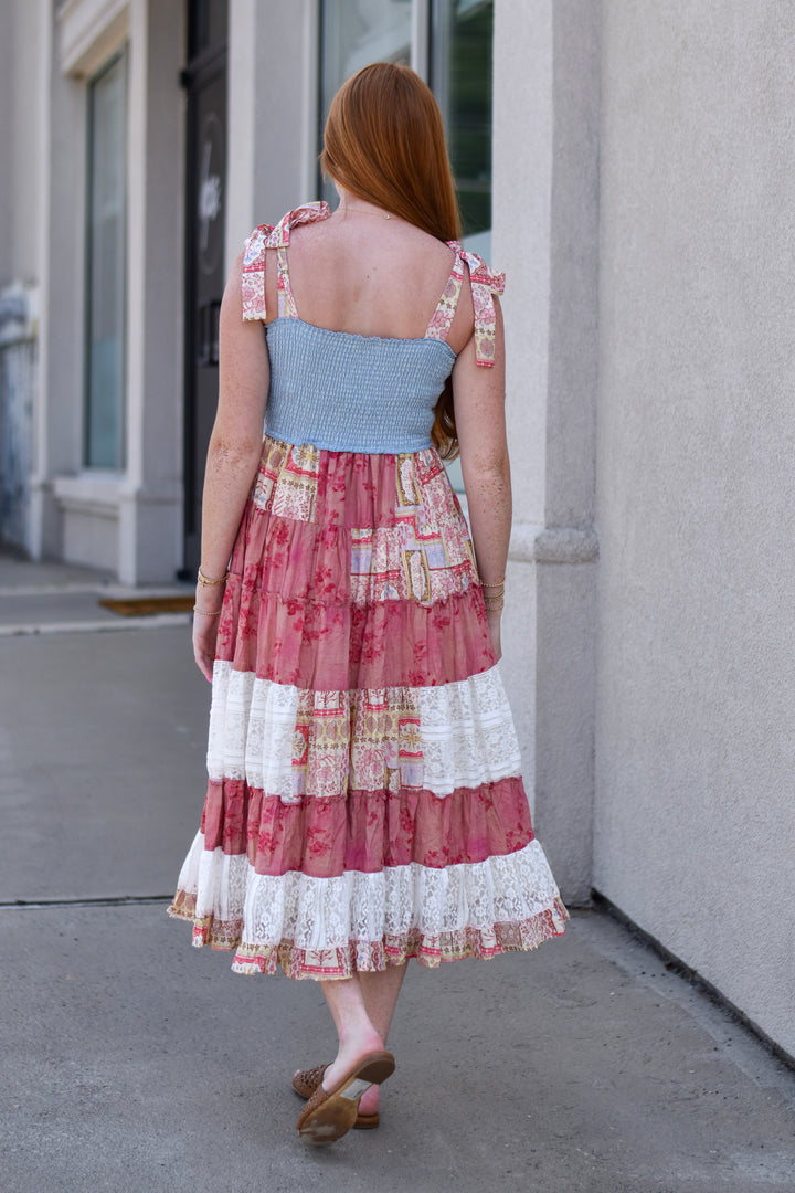Patchwork Charm Denim Midi Dress