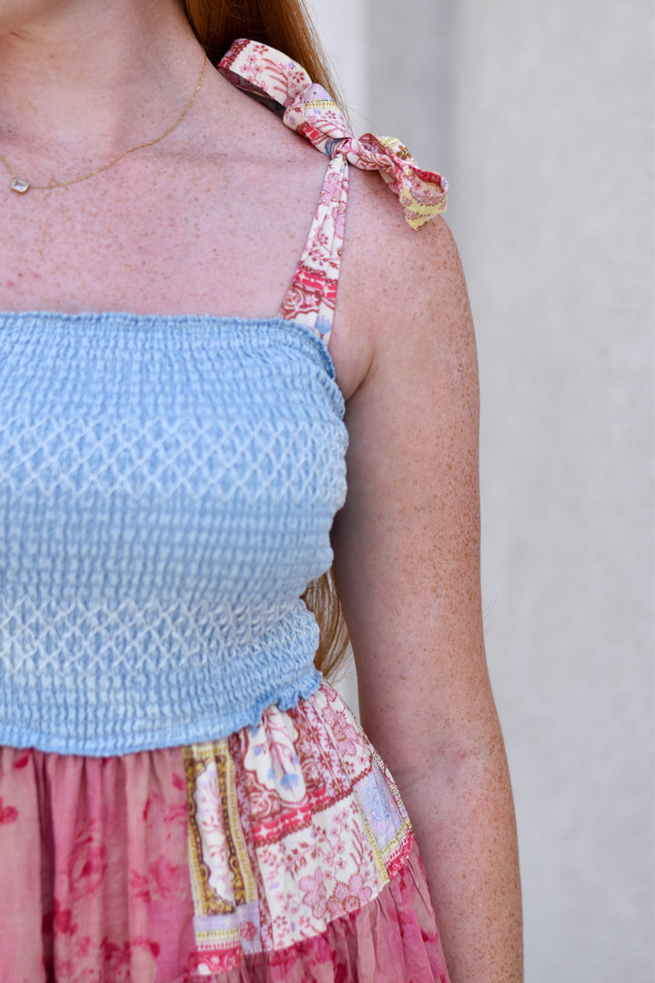 Patchwork Charm Denim Midi Dress