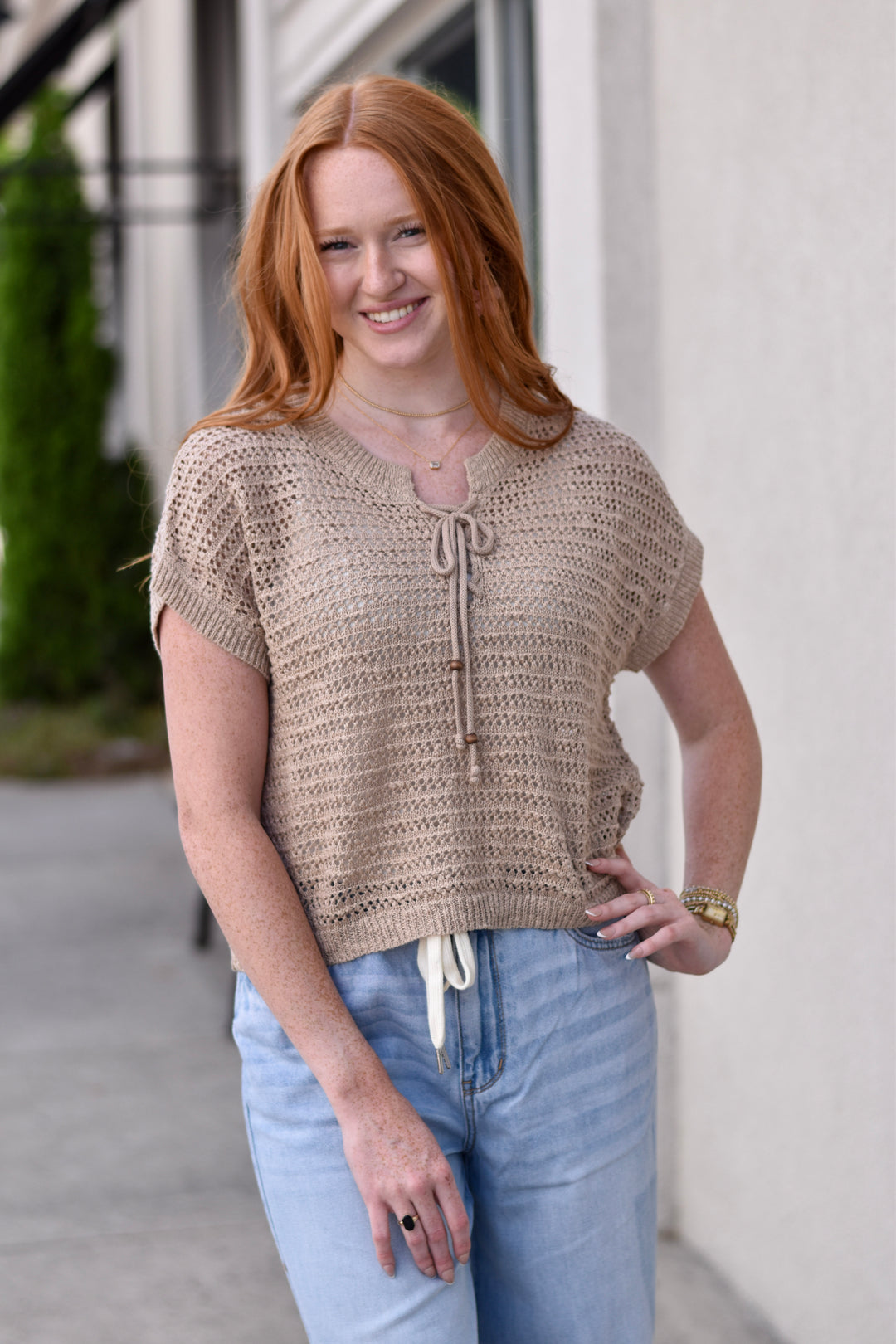 Lace-Up Neckline Crochet Knit Top