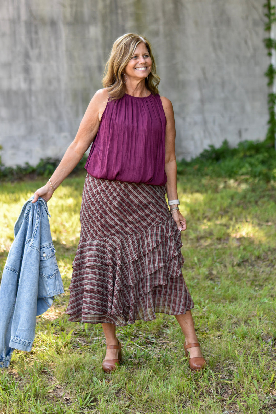Plaid & Ruffle Midi Skirt