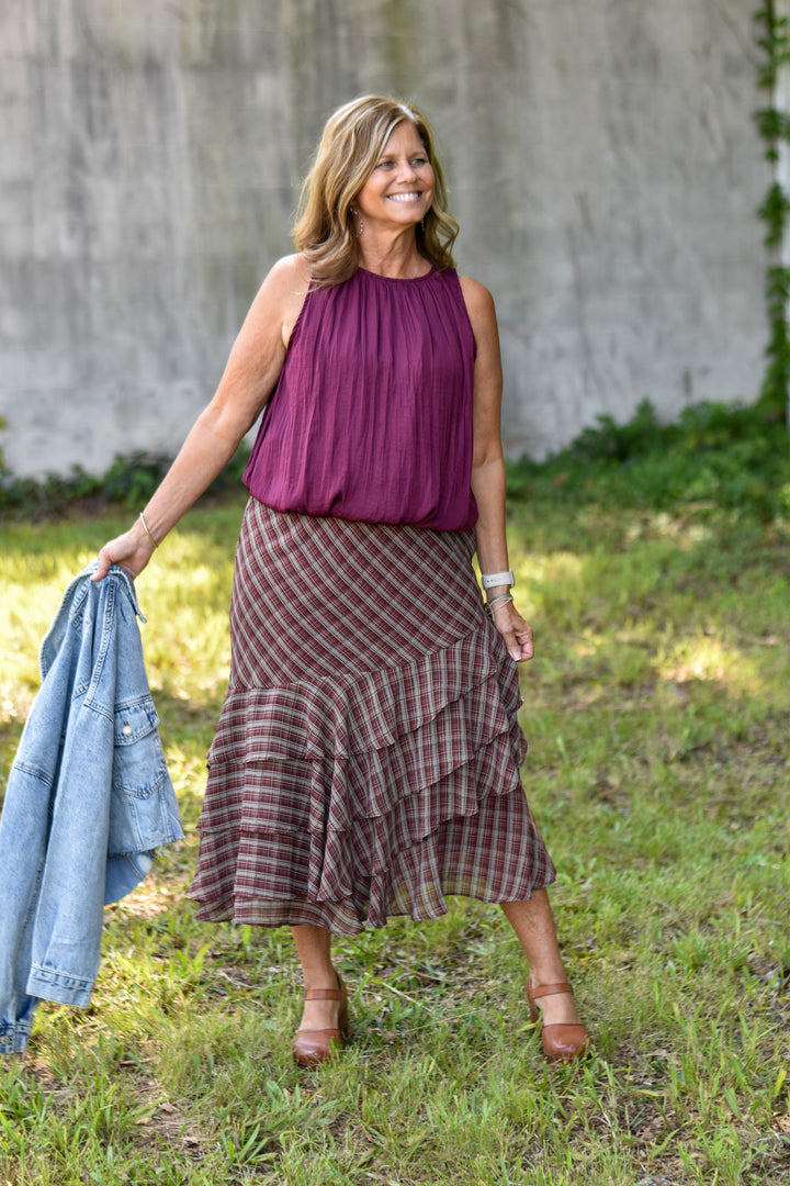 Plaid & Ruffle Midi Skirt