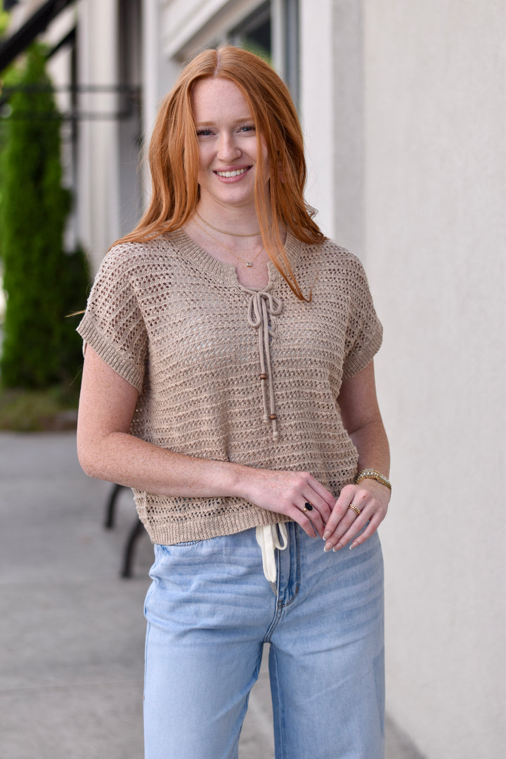 Lace-Up Neckline Crochet Knit Top