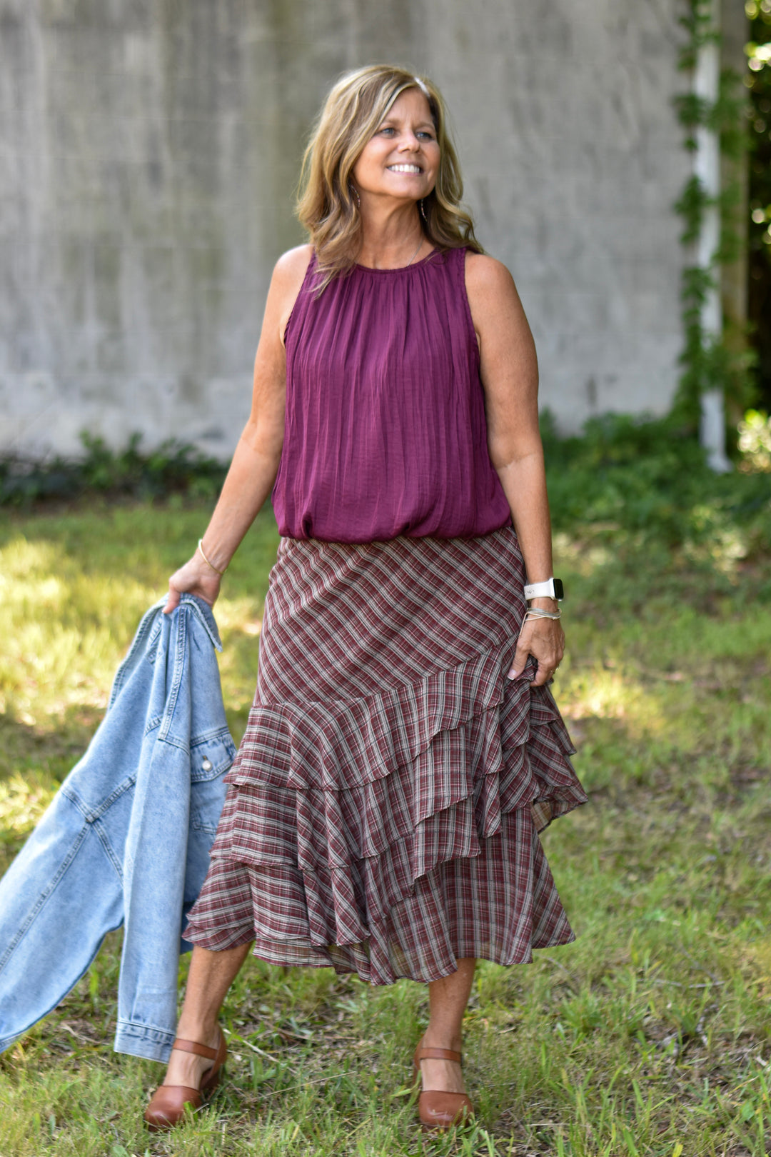 Plaid & Ruffle Midi Skirt