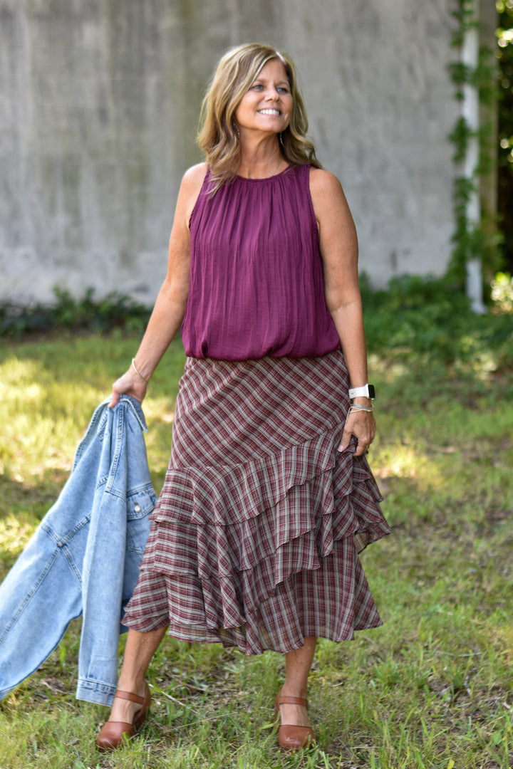 Plaid & Ruffle Midi Skirt