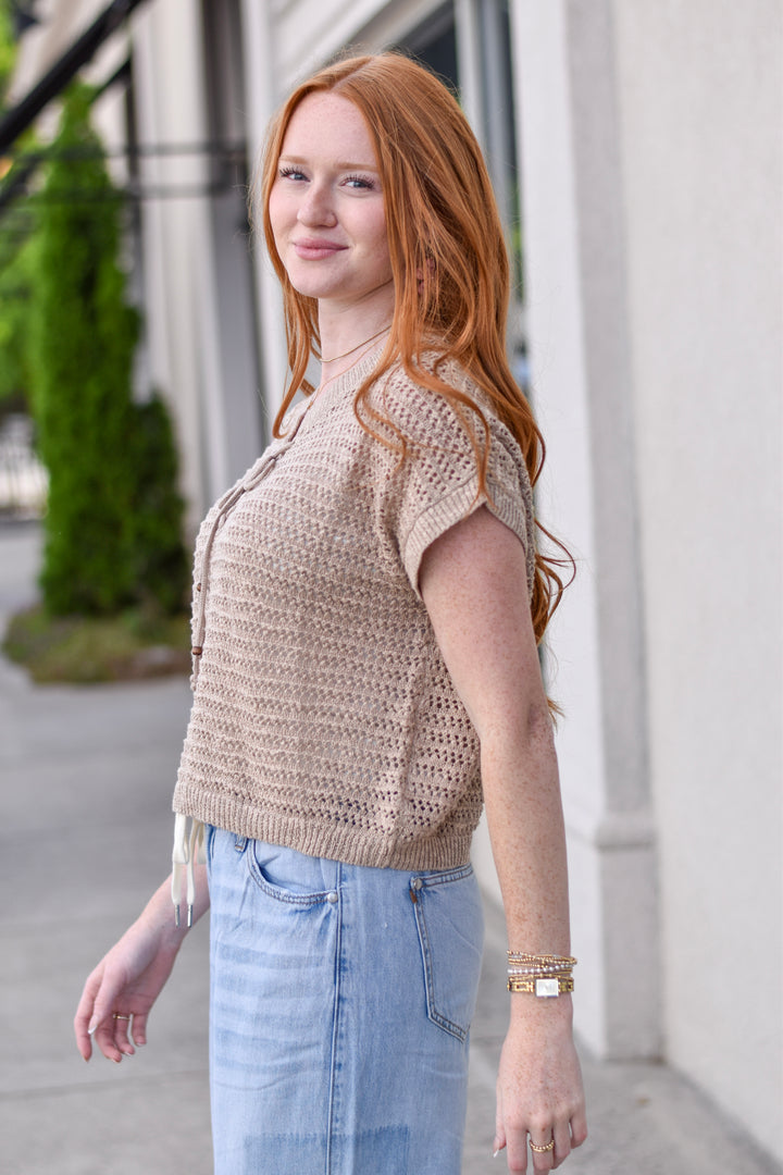 Lace-Up Neckline Crochet Knit Top