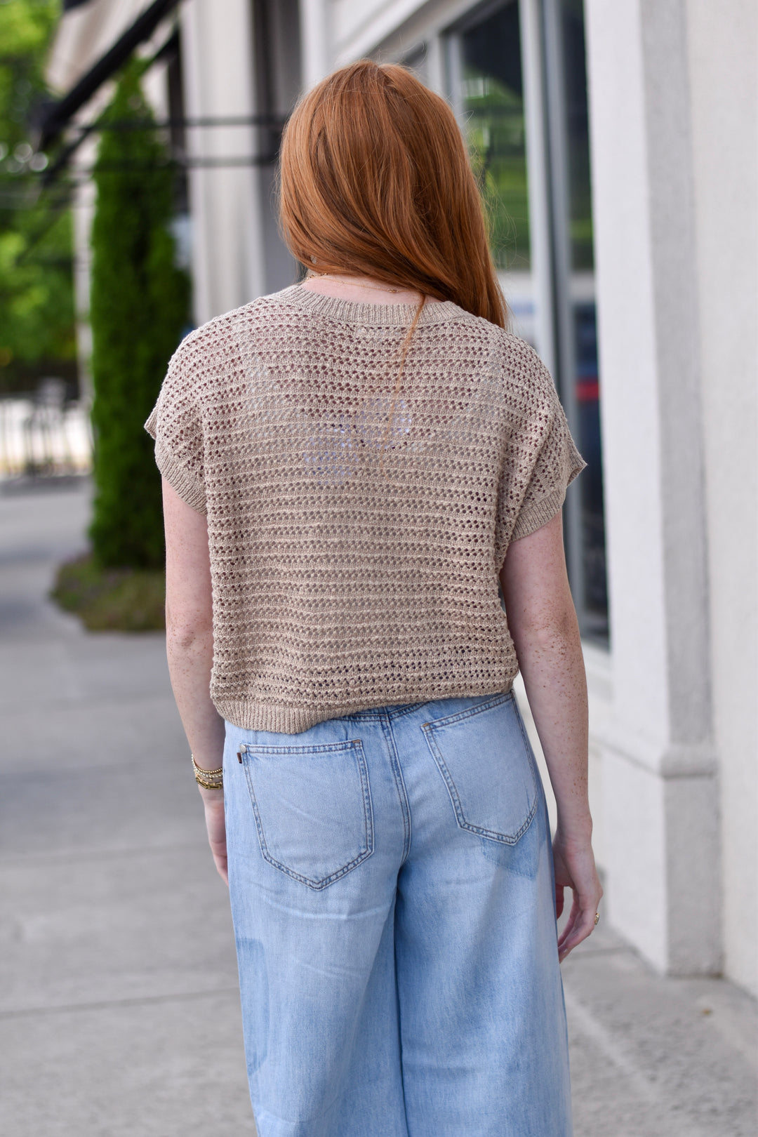 Lace-Up Neckline Crochet Knit Top