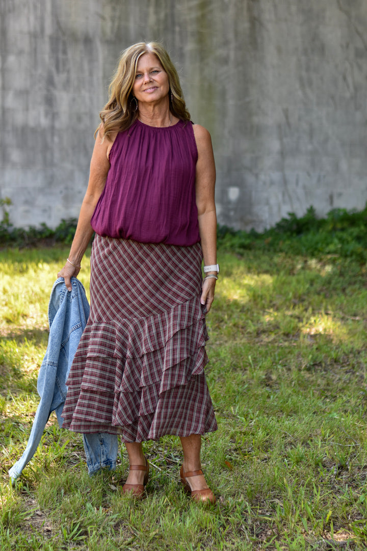 Plaid & Ruffle Midi Skirt