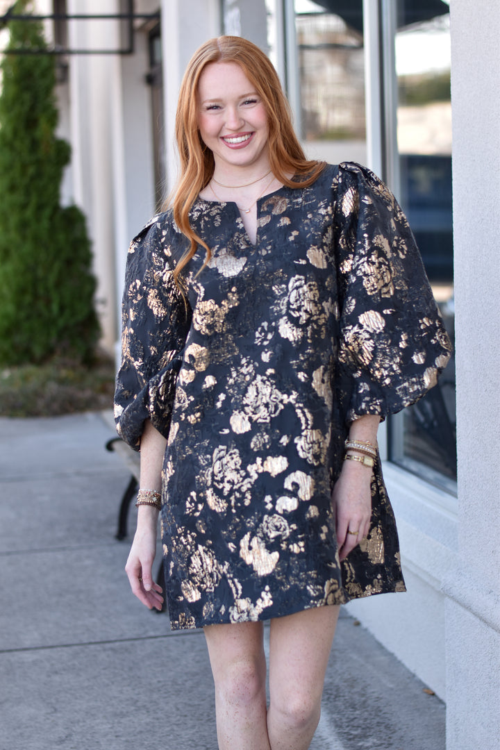 Golden Bloom Jacquard Shift Dress