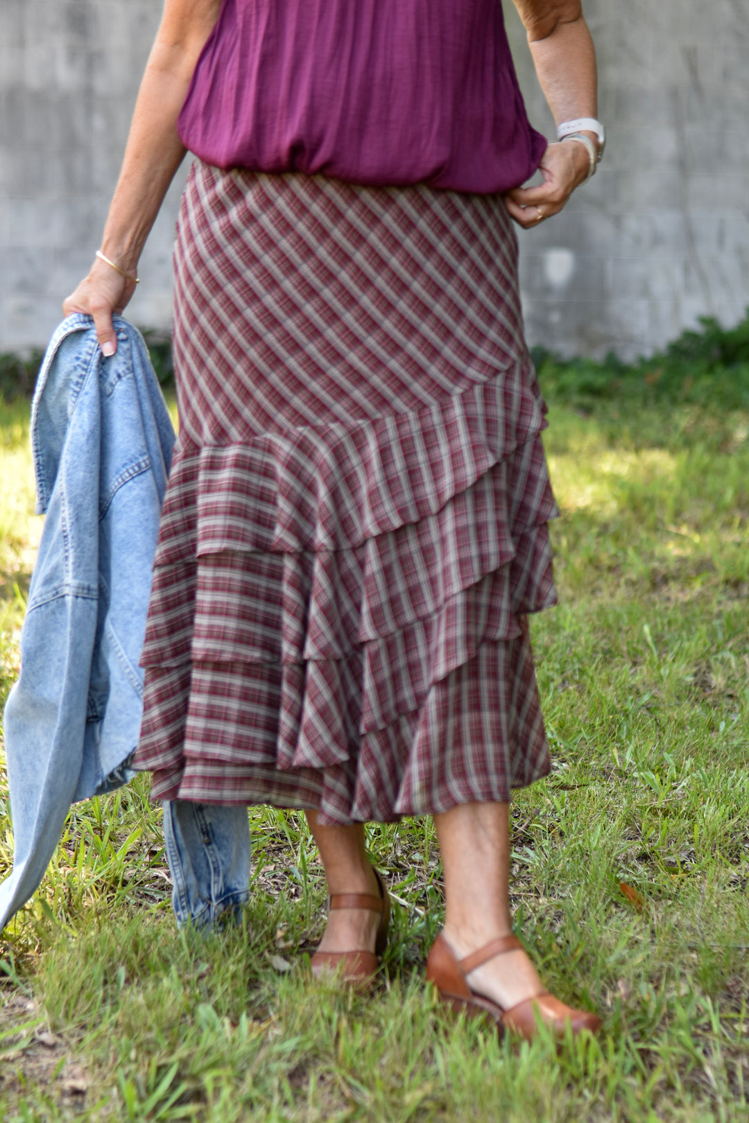Plaid & Ruffle Midi Skirt