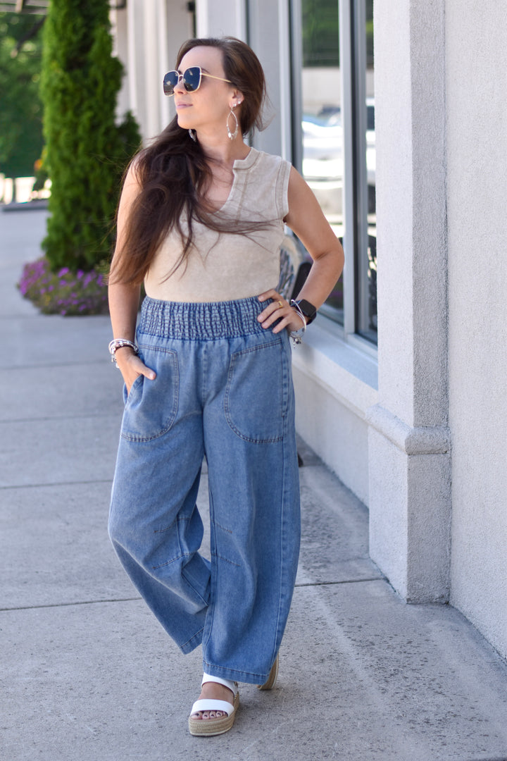 Weekend Wander Smocked Waist Denim Pants