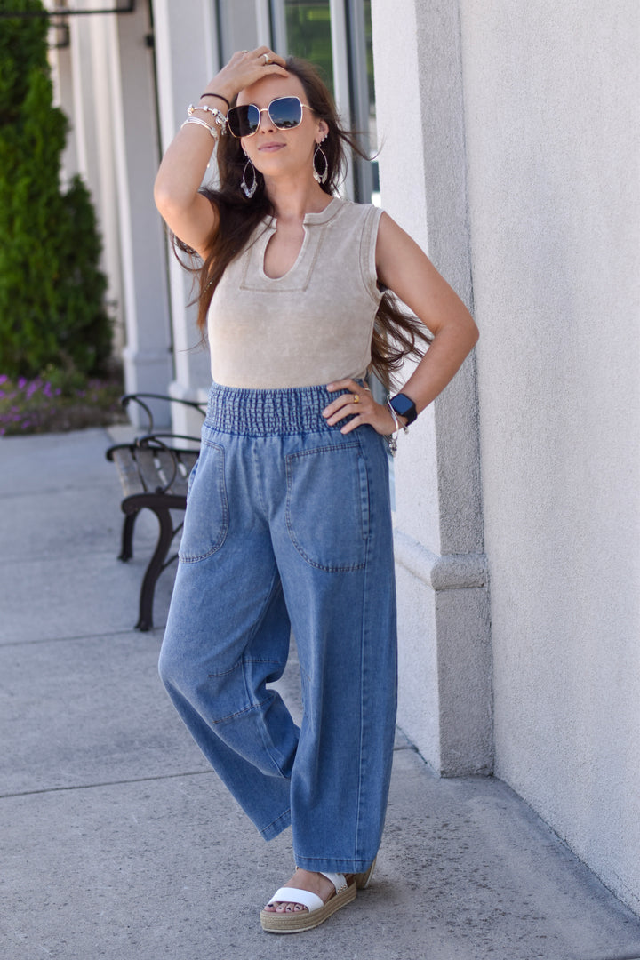Weekend Wander Smocked Waist Denim Pants
