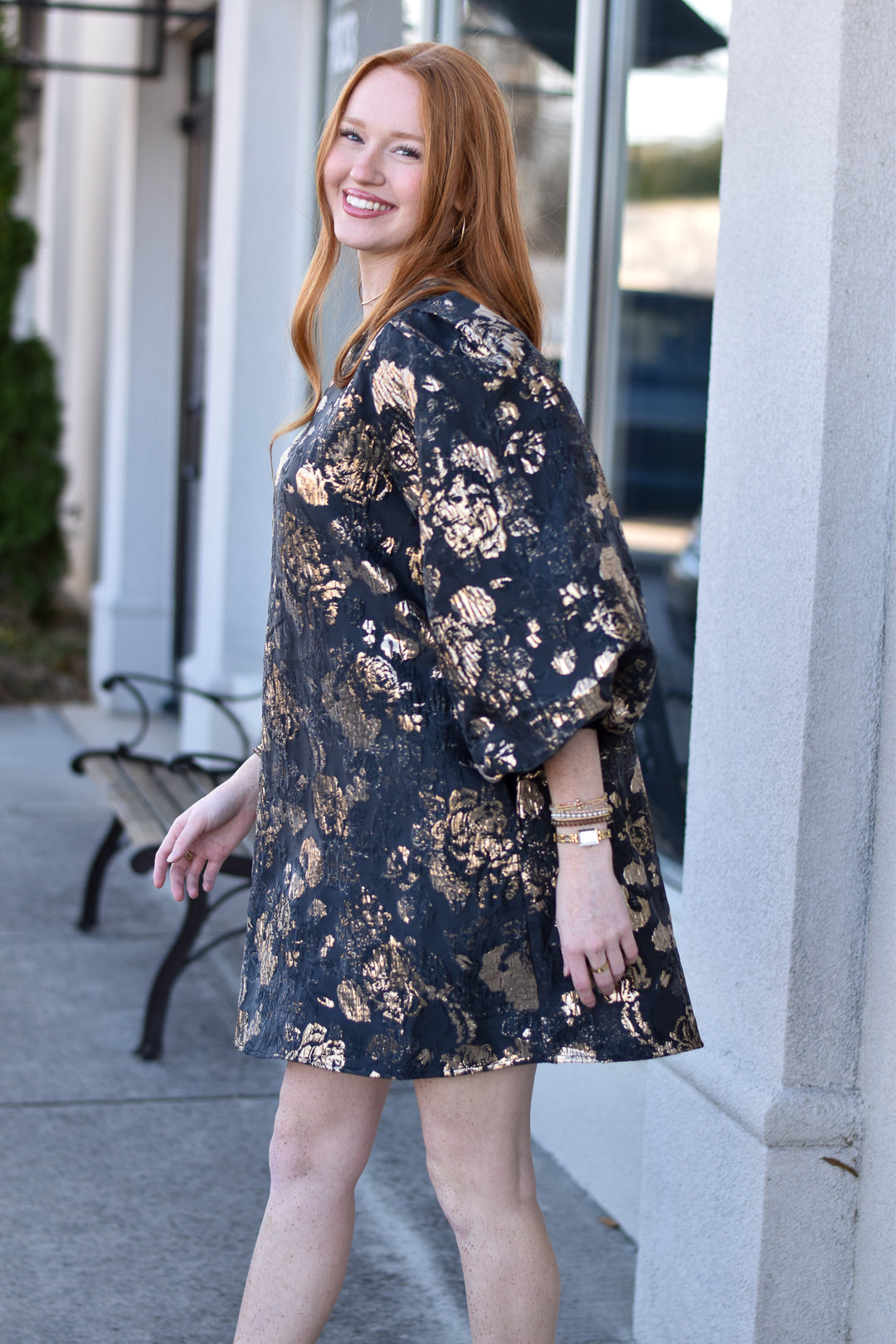 Golden Bloom Jacquard Shift Dress