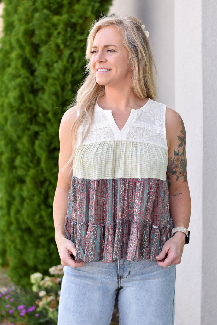 Boho Mixed Media Tiered Tank Top