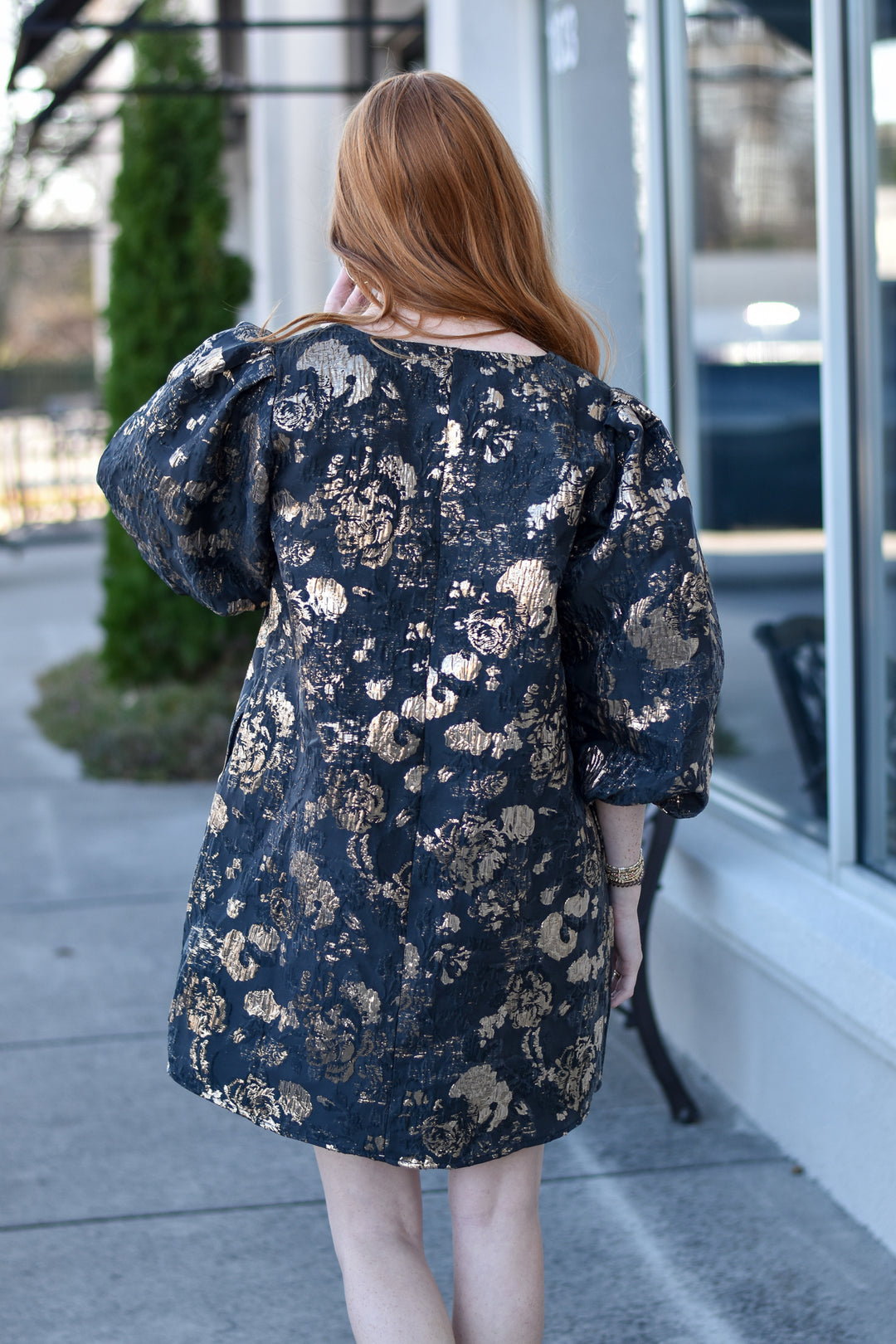 Golden Bloom Jacquard Shift Dress