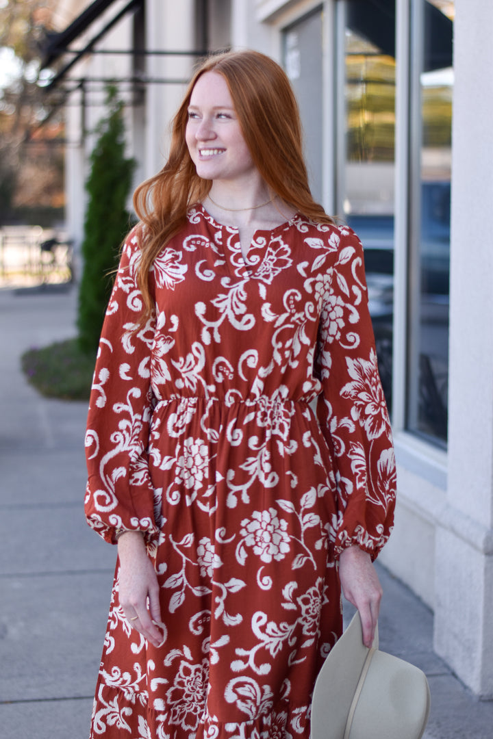 Boho Floral Print Long Sleeve Maxi Dress