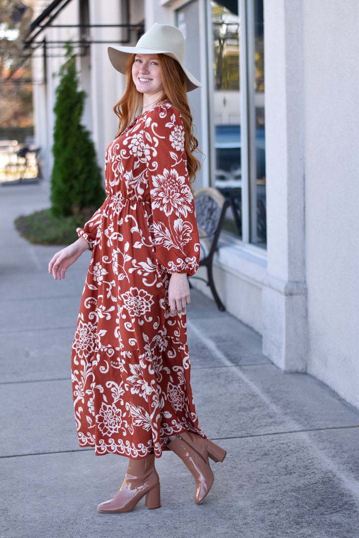 Boho Floral Print Long Sleeve Maxi Dress