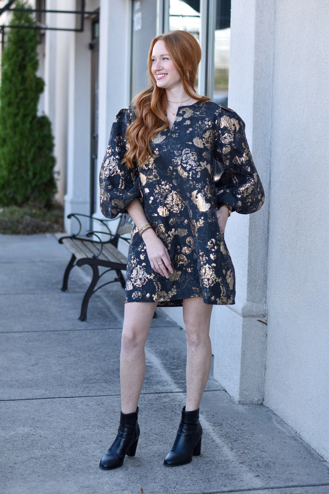 Golden Bloom Jacquard Shift Dress