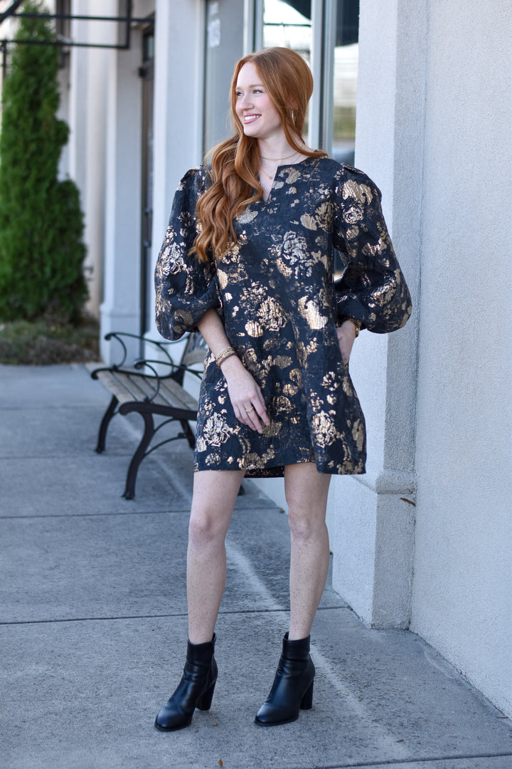 Golden Bloom Jacquard Shift Dress