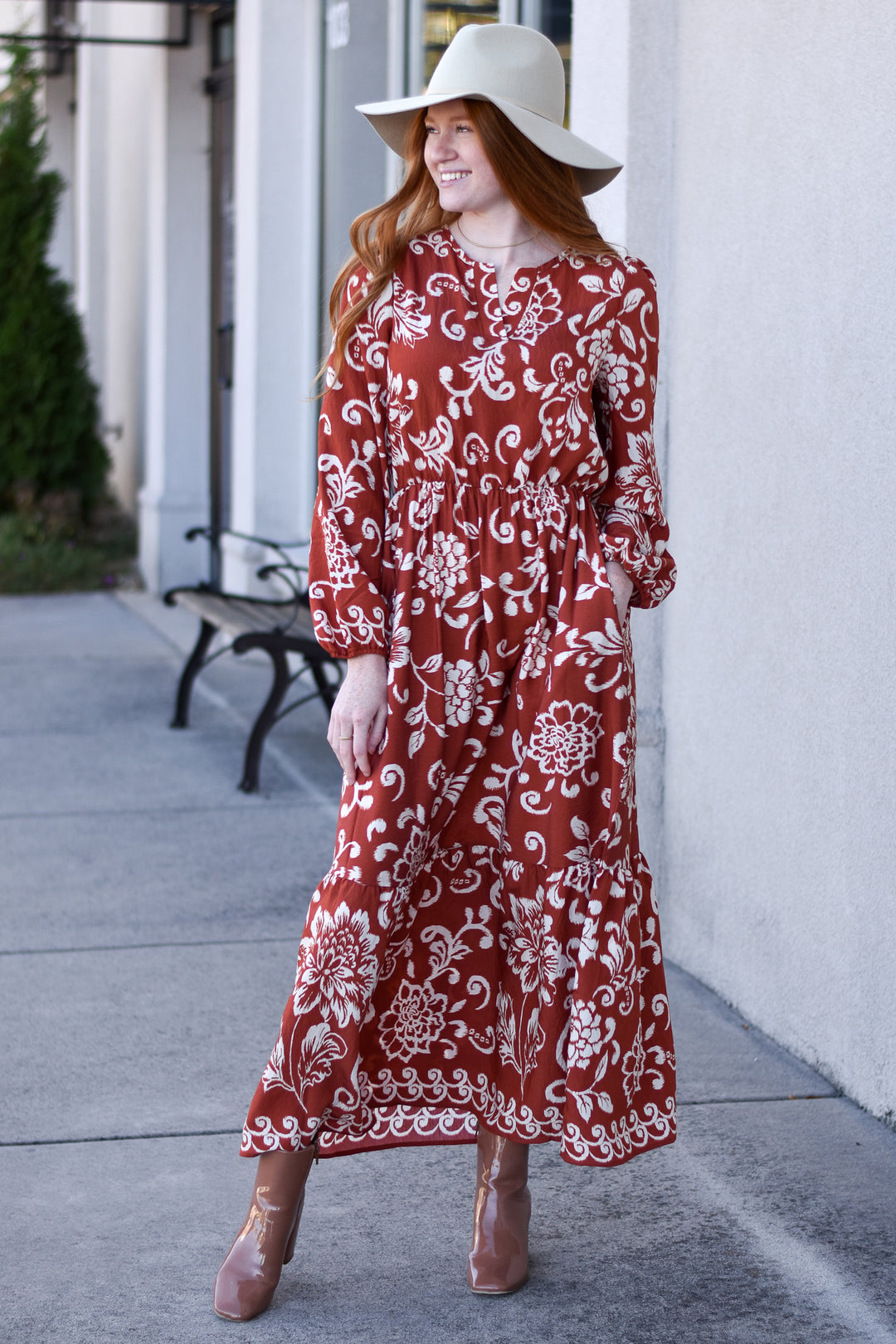 Boho Floral Print Long Sleeve Maxi Dress