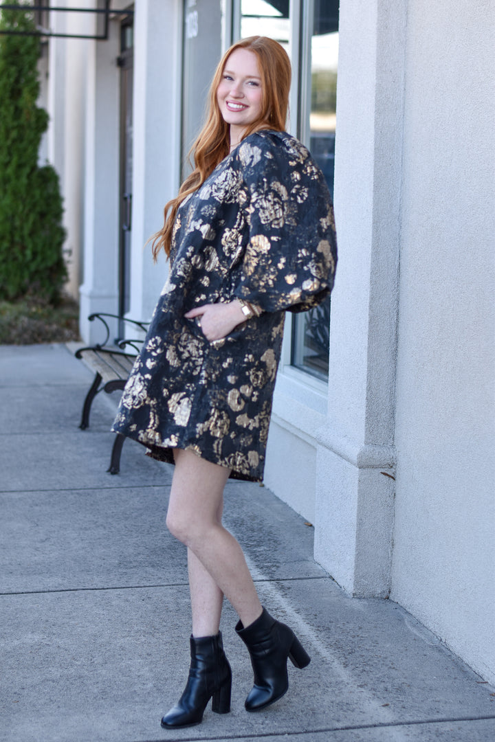 Golden Bloom Jacquard Shift Dress