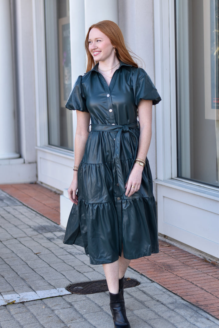 Pinch Tiered Faux Leather Midi Dress