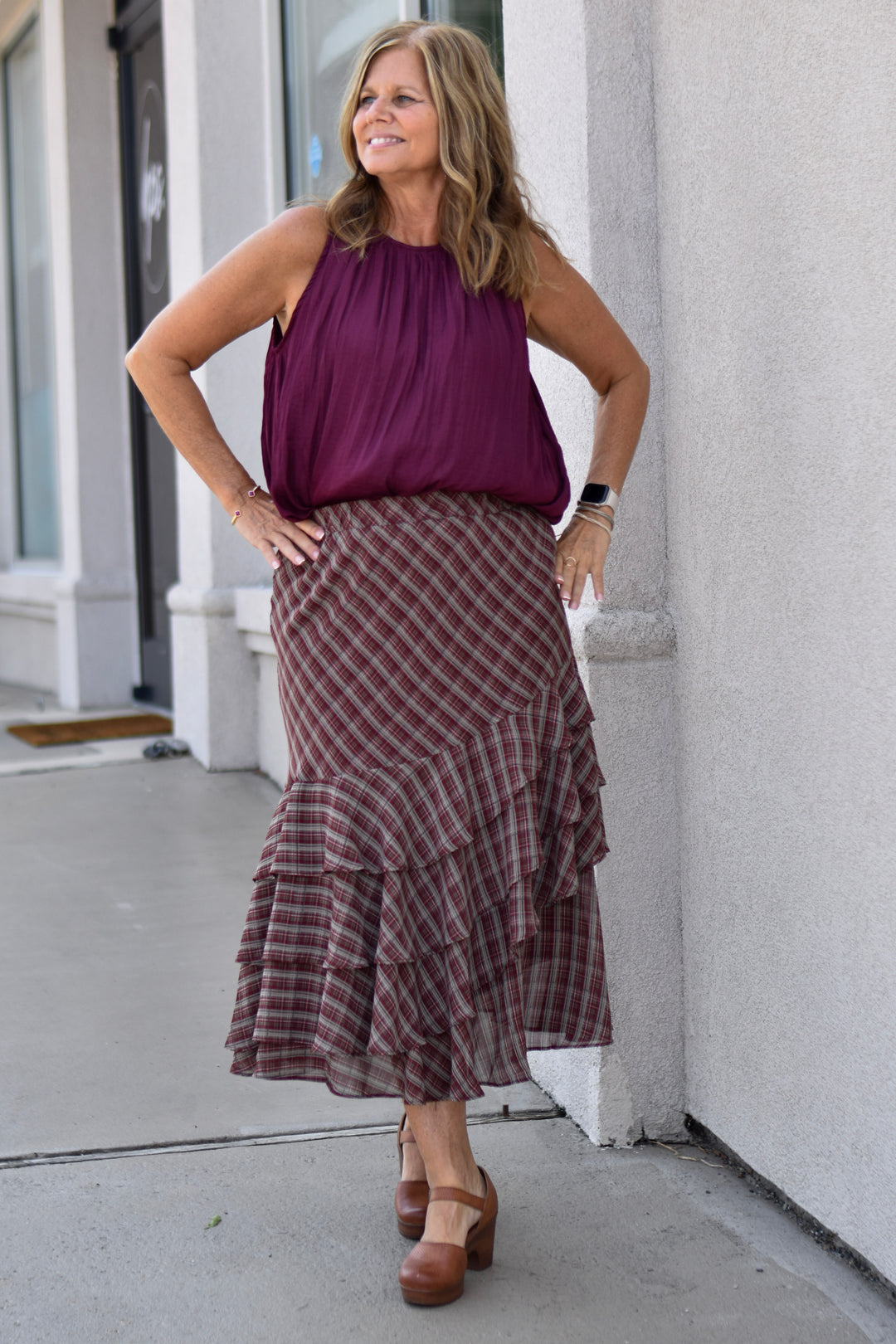 Plaid & Ruffle Midi Skirt
