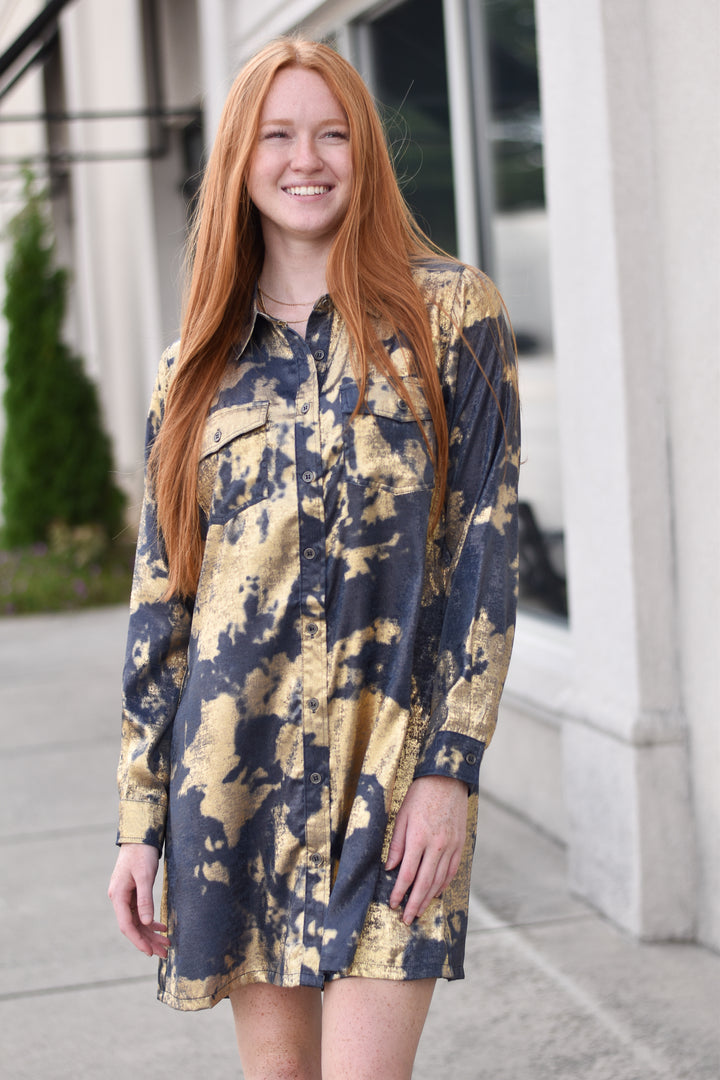 Metallic Tie-Dye Shirt Dress