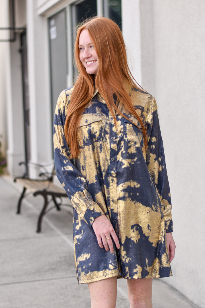 Metallic Tie-Dye Shirt Dress